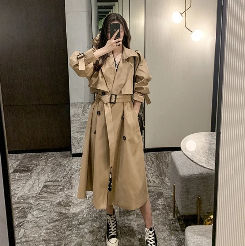 

Khaki Fashion Trench Office Lady England Style Knee-Length Loose Casual Commute Coat with Belt Autumn Lapel Single Breasted Coat