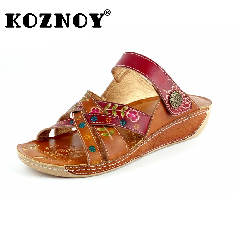 

Koznoy 4cm Appliques Flower Print Slippers Ethnic Slip on Hook Women Flats Big Size Multicolor Cow Genuine Leather Summer Shoes