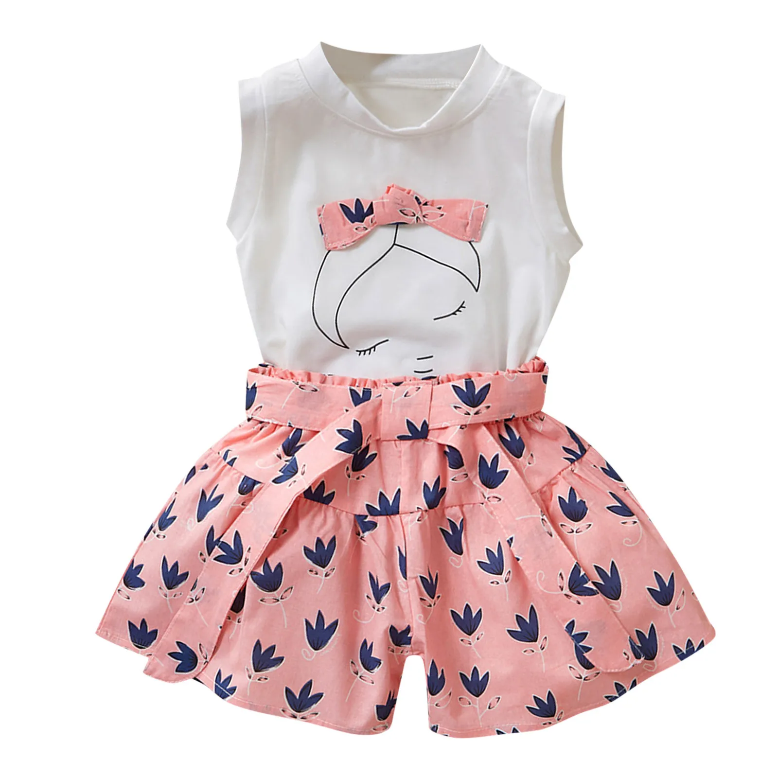

Tee Floral Cartoon Bow Toddler Sleeveless Tops + Girls 2PCS Kids T-shirt Set Girls Clothes Size 8 Outfits Baby Girl Clothing