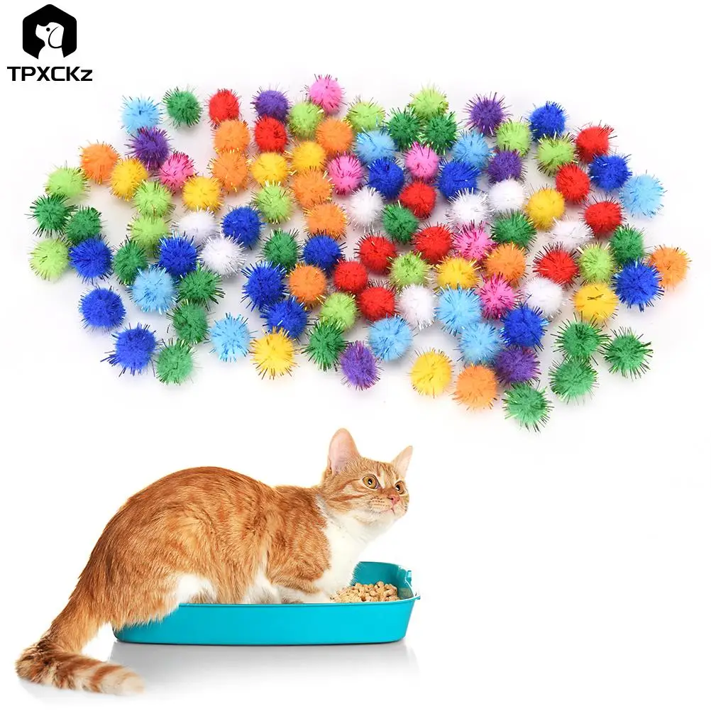 

100pcs/set Colorful Funny Durable Glitter Tinsel Pompom Balls Small Pompoms Ball Cat Puppy Toys Pet Supply