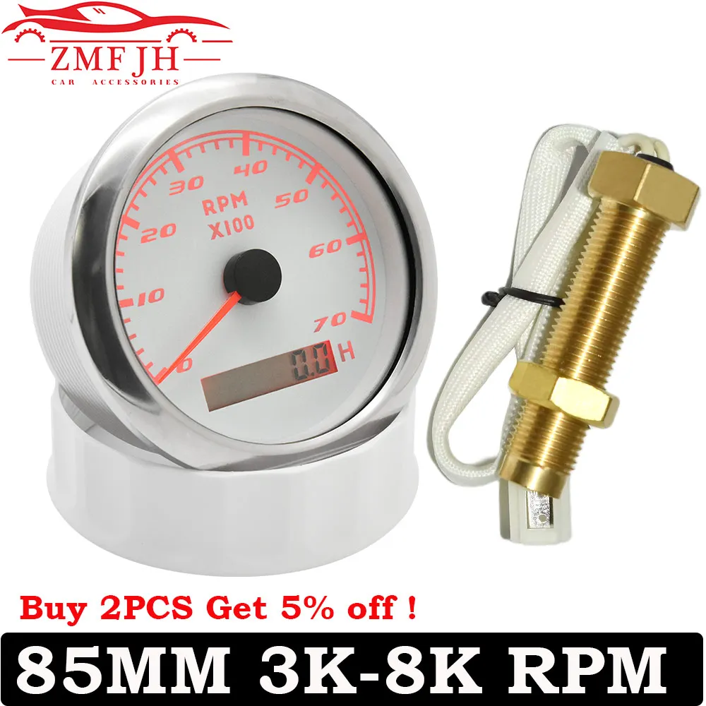 

Waterproof 3-8K RPM Tachometer Gauge M16 M18 Tach Sensor REV Counter with Hour Meter 85mm Gasoline Diesel 12V 24V Red Backlight