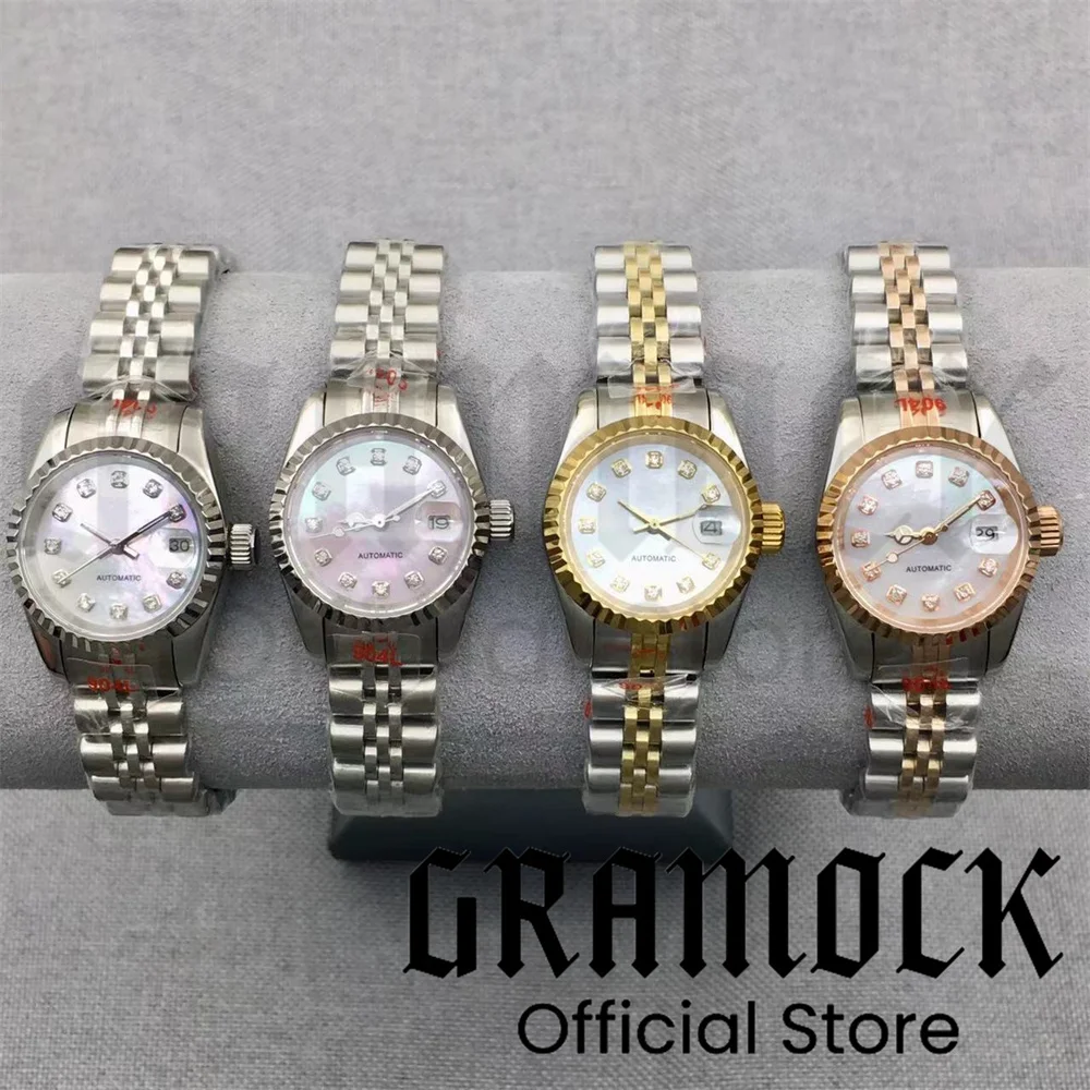Фото Женские часы Gramock 26 мм, 3 точки, дата, бриллиант, розовый, жемчуг, NH05, автоматический механизм, серебро, сапфировое стекло №1