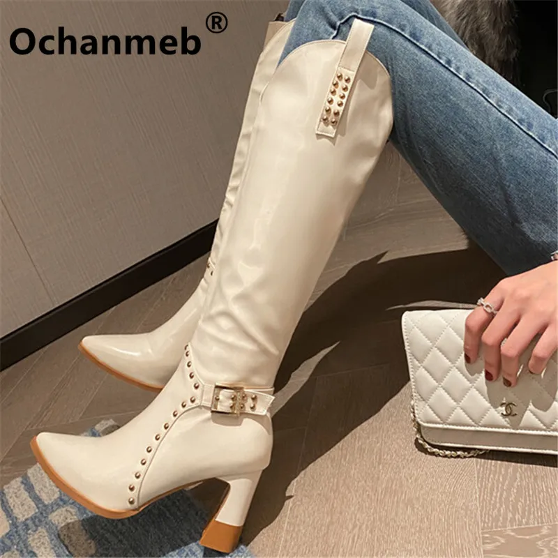 

Ochanmeb New Punk Rivets Buckle Knee High Riding Boots Women Thick High Heels Pointy Toe Western Equestrain Cowboy Boot Beige 45