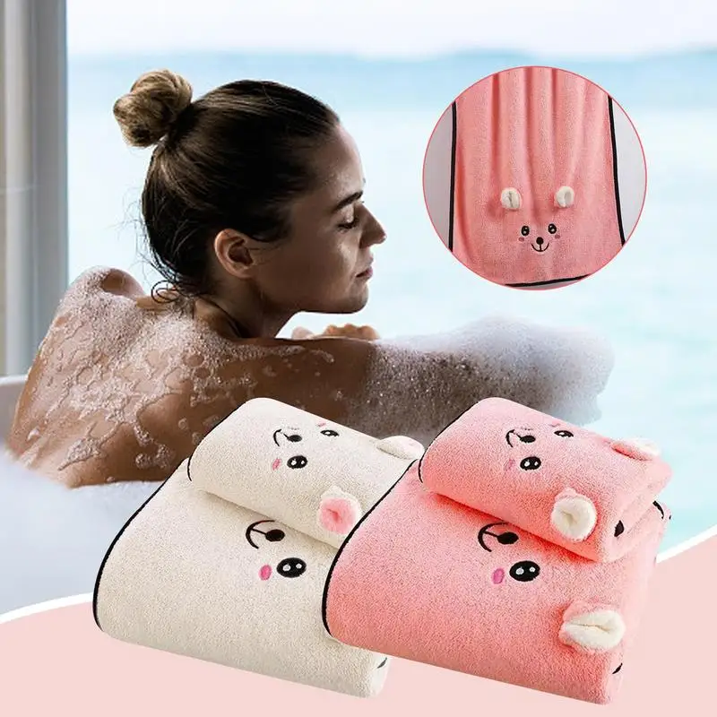 

2Pcs Bath Towel Set Coral Fleece Bath Wrap Face Hand Towel With Ears Portable Soft And Cozy Shower Wrap Towel For Girls Women