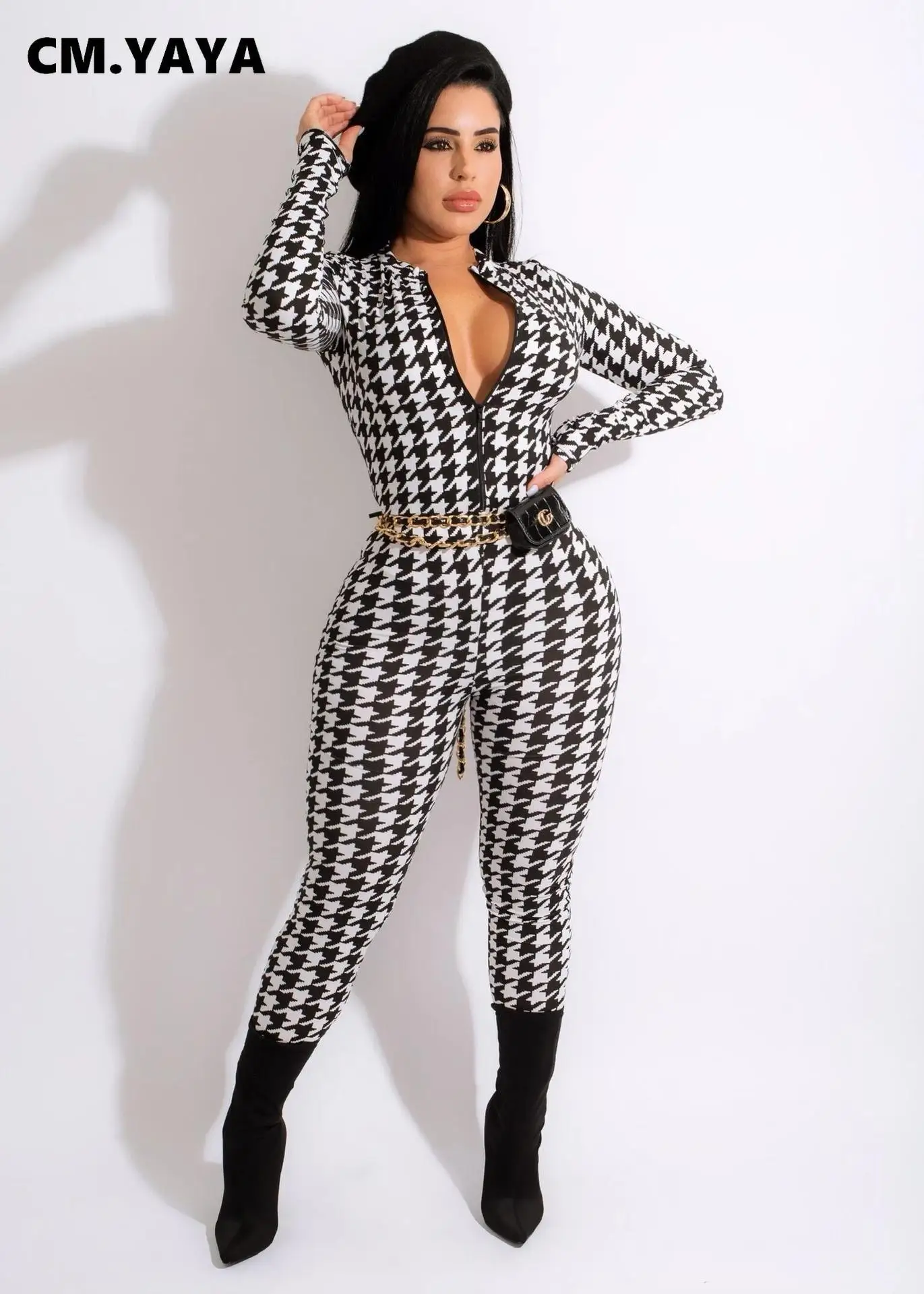 

Женский Облегающий комбинезон CM.YAYA в стиле «гусиные лапки» на молнии с длинным рукавом, сексуальный цельный костюм для вечевечерние, модель...