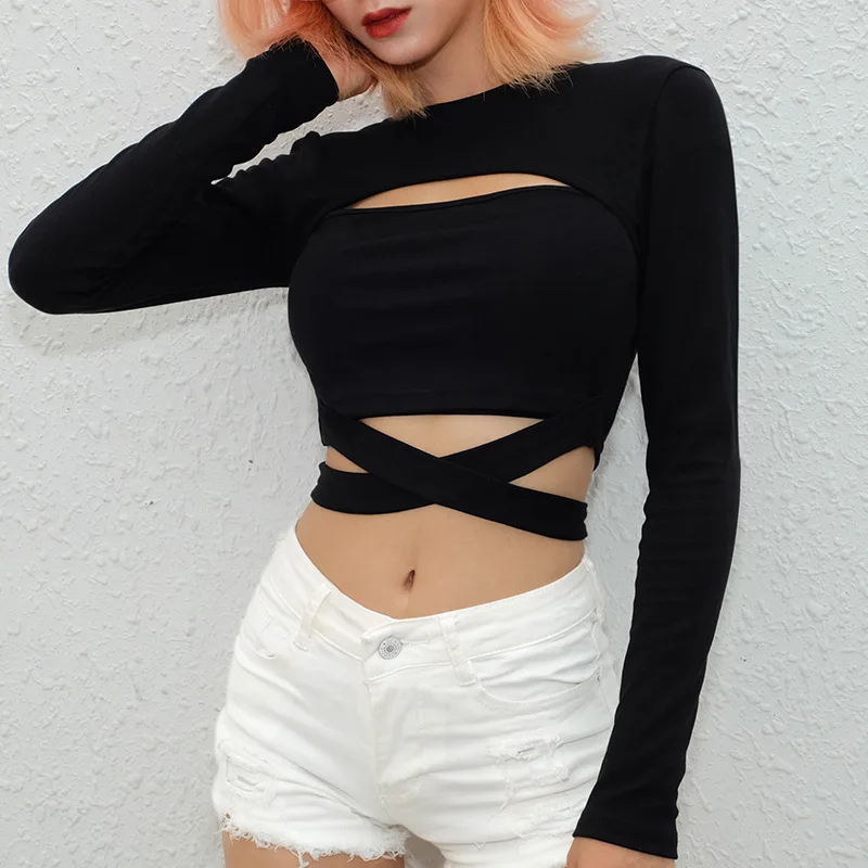 

Футболка женская с вырезами и бантом, Модный хлопковый топ с длинным рукавом, облегающая пикантная черная рубашка с круглым вырезом, на осень