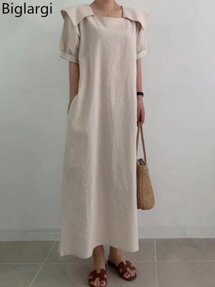 

Korean Square Collar Summer Dress Beige Pink Green New Loose Ladies Dress Girls Cute Woman Dress Vestidos