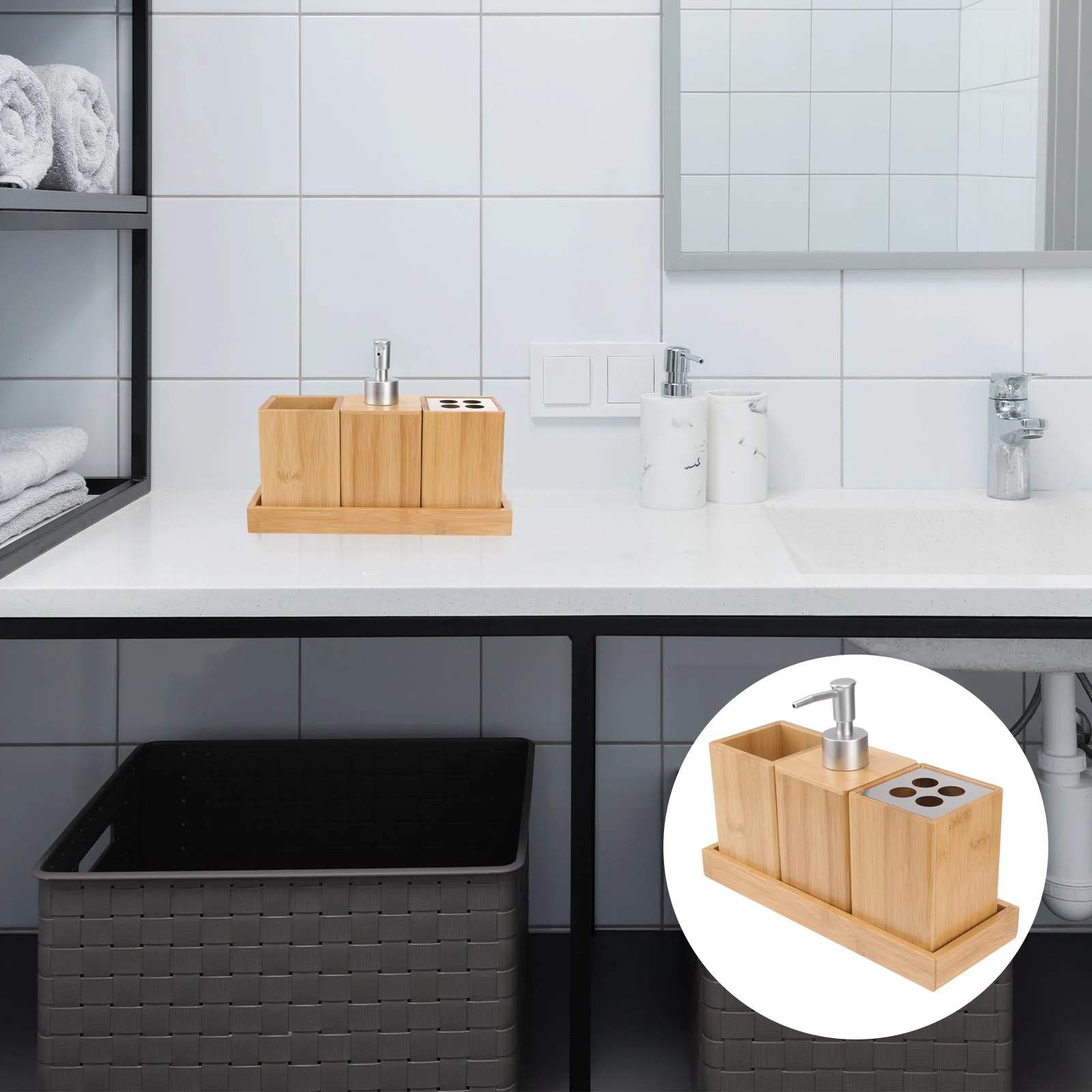 

4pcs Bamboo Wood Bathroom Set Luxury Bathroom Essentials Toothbrush Holder Bottle Family Bath Accessories Set