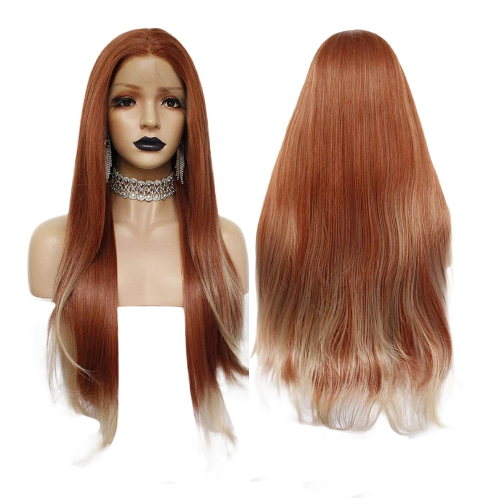 26inch Auburn-Orange Lace Front Wig Long Straight Middle Part Copper-Red Heat Resistant  Synthetic Wig for Women Cosplay Wigs