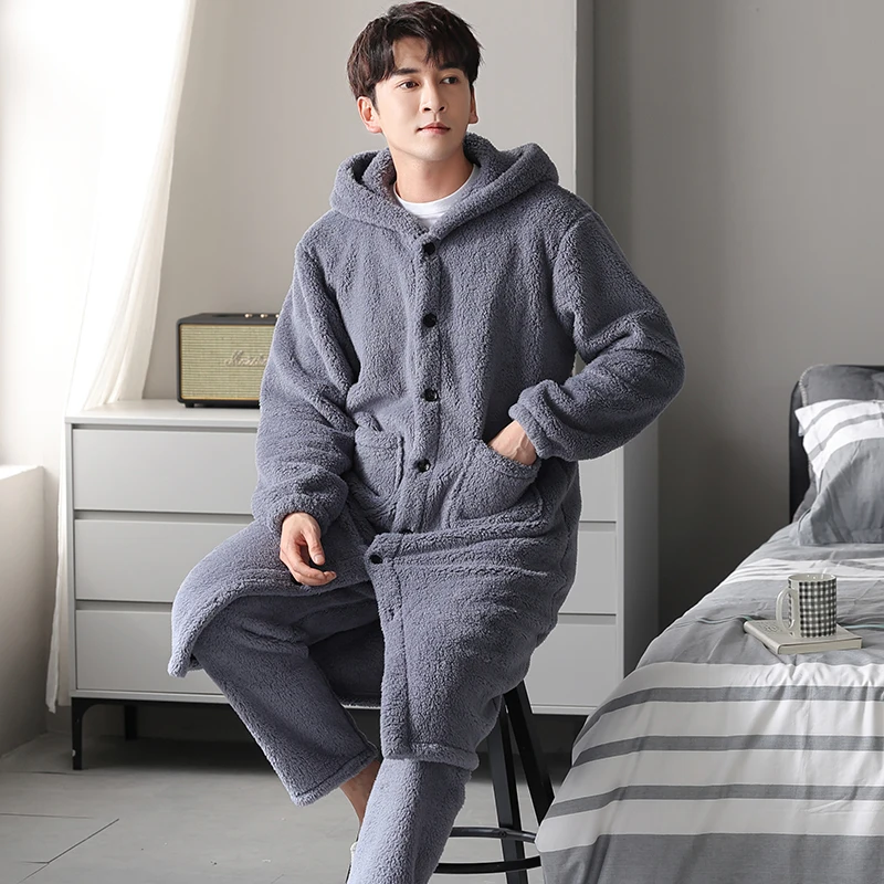 Ночная рубашка с капюшоном мужская зимняя утолщенная длинная пижама X