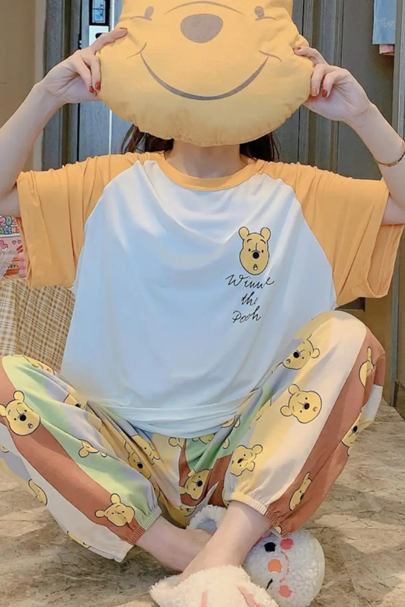 Women's Pajamas Set Summer Thin Short Sleeve Pants Two Piece Set Sleepwear Soft Loungewear Ladies Casual Winnie the Pooh Pajamas