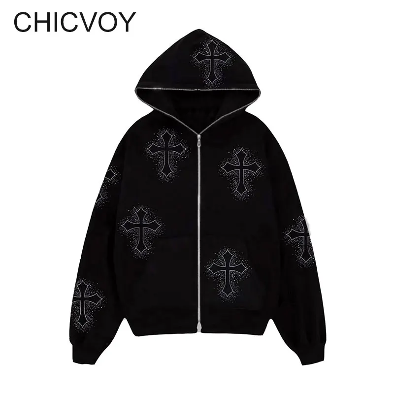 

CHICVOY Y2K Hoodie Streetwear Oversized Zip Up Sweatshirts Vintage Pattern Gothic Unisex Harajuku Hooded Grunge Jacket Retro