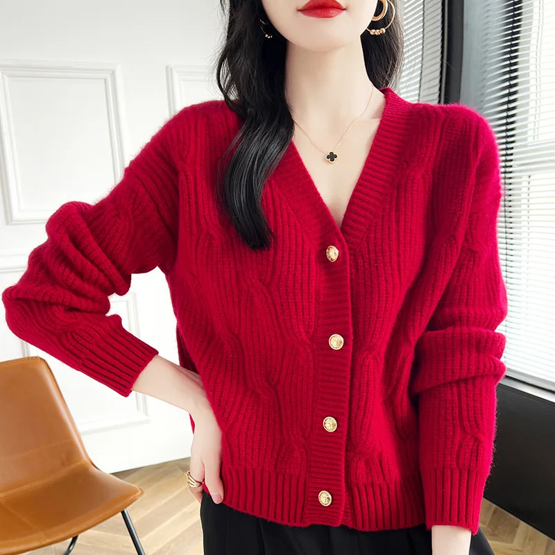 Autumn and Winter Cashmere Knitted Cardigan Women's Solid Color Jacquard Wool Sweater Retro Long Sleeve Coat Top Fash