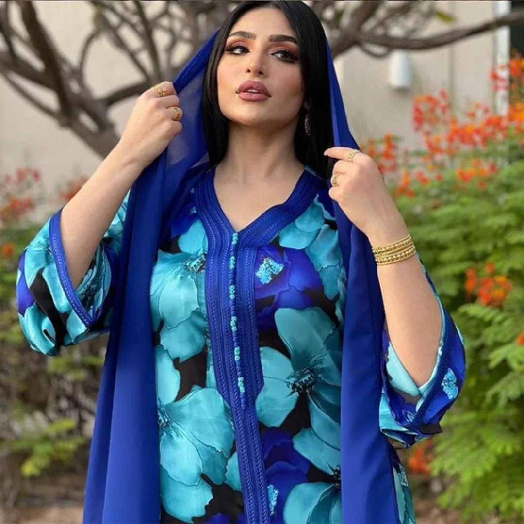Женское длинное платье с длинным рукавом, свободное платье-абайя в арабском стиле с принтом синих цветов на Ближнем Востоке, одежда в юго-во...