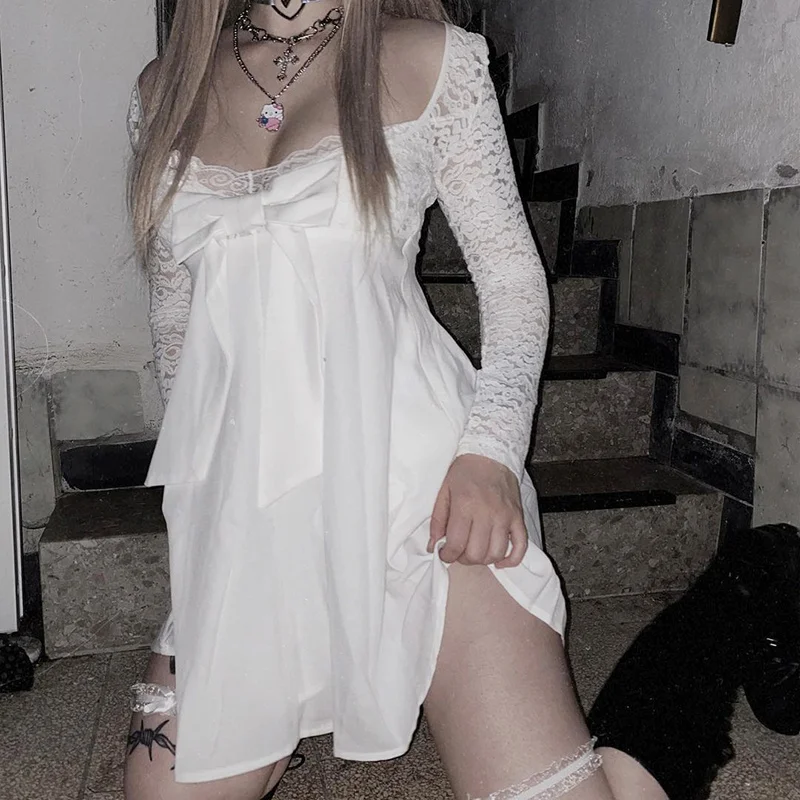 

Женское Короткое платье-трапеция с бантом, белое короткое платье с длинным рукавом и квадратным вырезом, в готическом стиле, Y2K, 2022