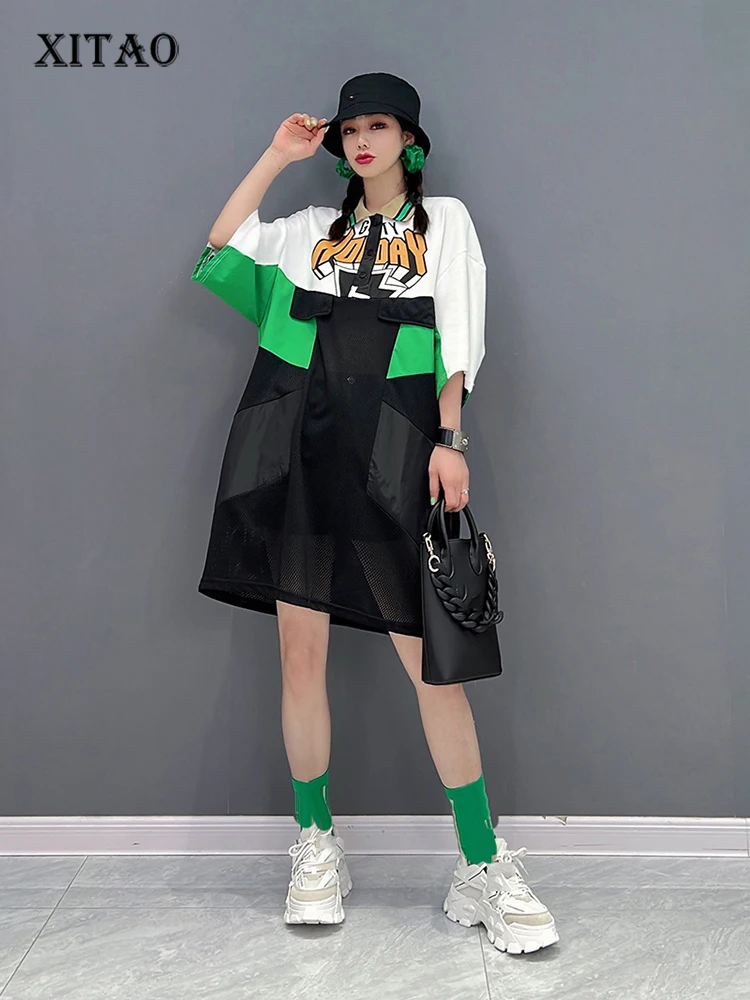 

XITAO Mesh Patchwork T-shirt Dress Turn-down Collar Contrast Color Letter Print Women Street Trendy Dress Summer New WLD8465