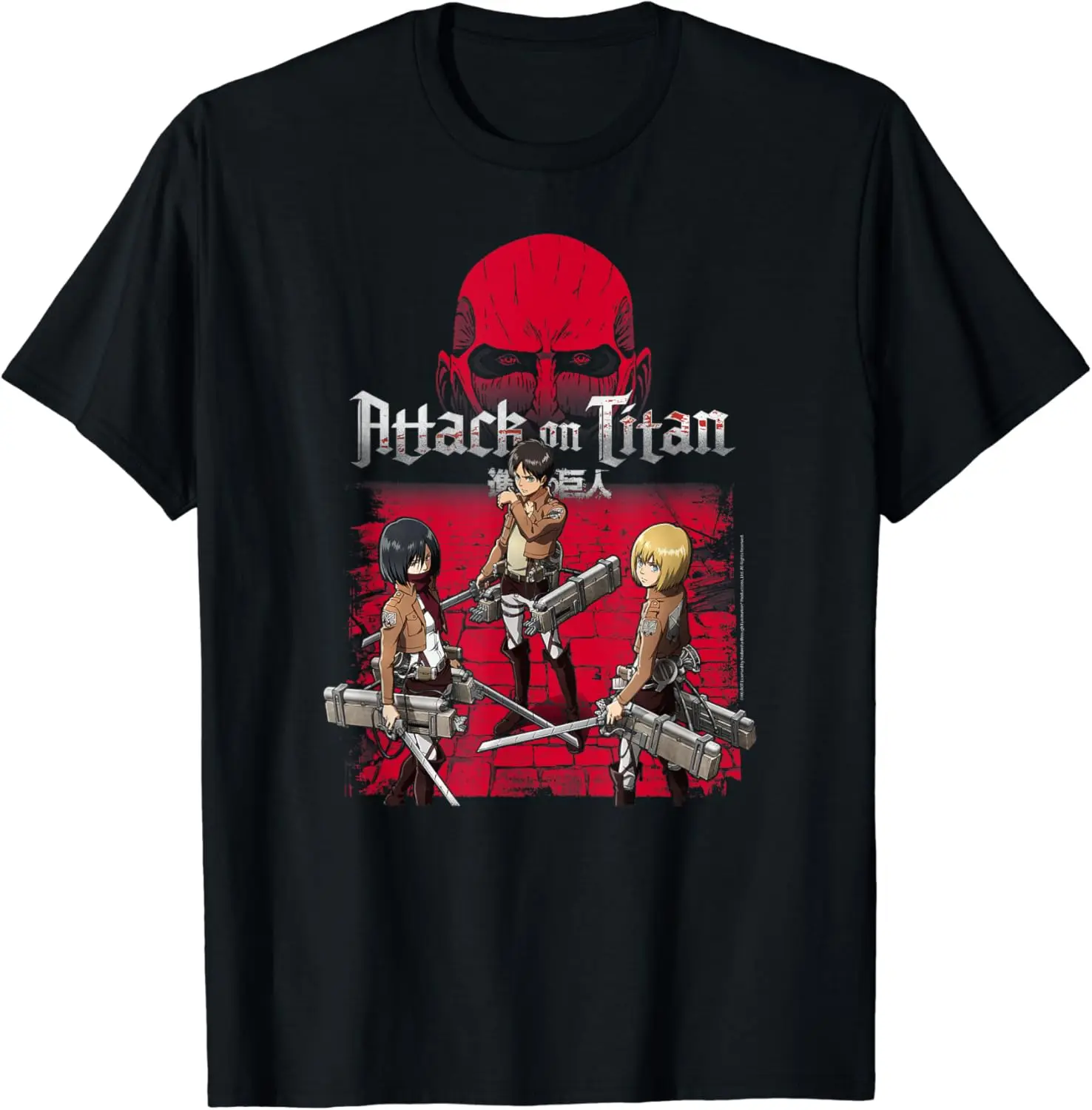 Футболка с красным фоном Attack on Titan 3 основные персонажи топы короткими рукавами