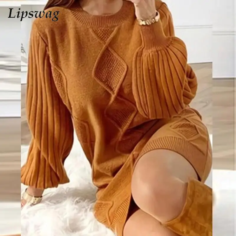 

Женское трикотажное платье-свитер, элегантное однотонное платье в рубчик с круглым вырезом и рукавами-фонариками для вечерние на осень и зи...