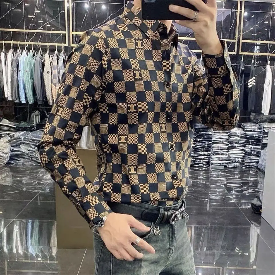 Men's Tide Brand Printed Long Sleeve Shirt Autumn Business Leisure Joker Korean Slim Shirt