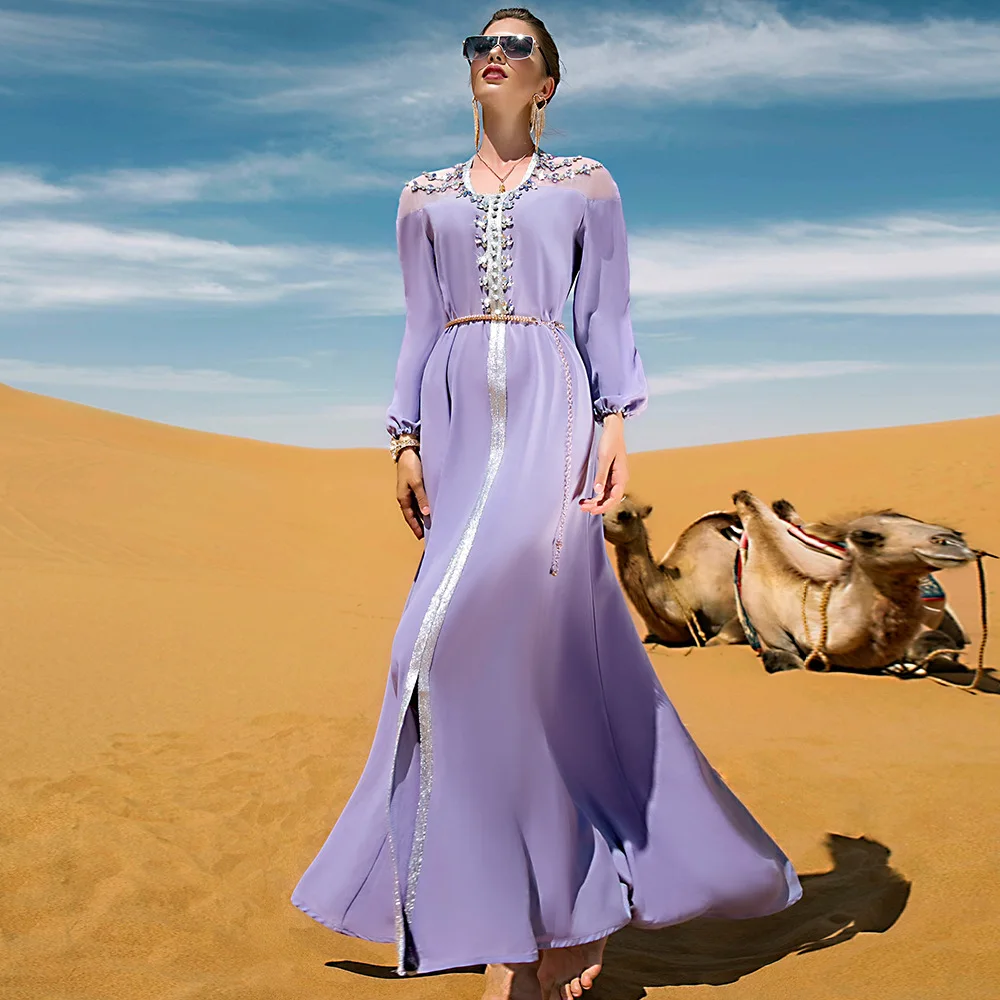 

Muslim Dress Women Caftan Marocain Diamond Evening Party Dresses Lace-up Vestido Longo Big Swing Abaya Femme Dubai Kaftan Robe