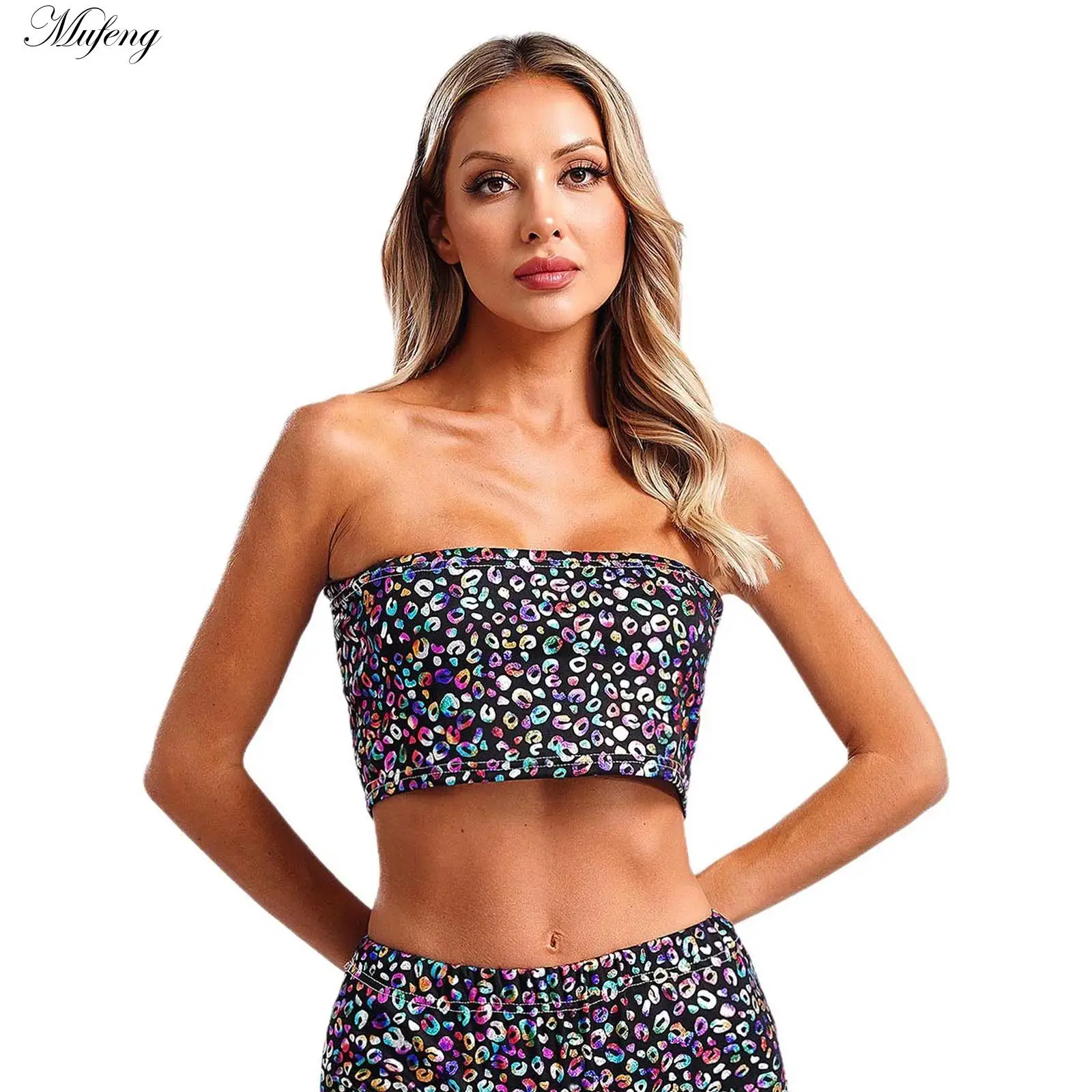 Женский танцевальный топ с леопардовым принтом укороченный без бретелек для