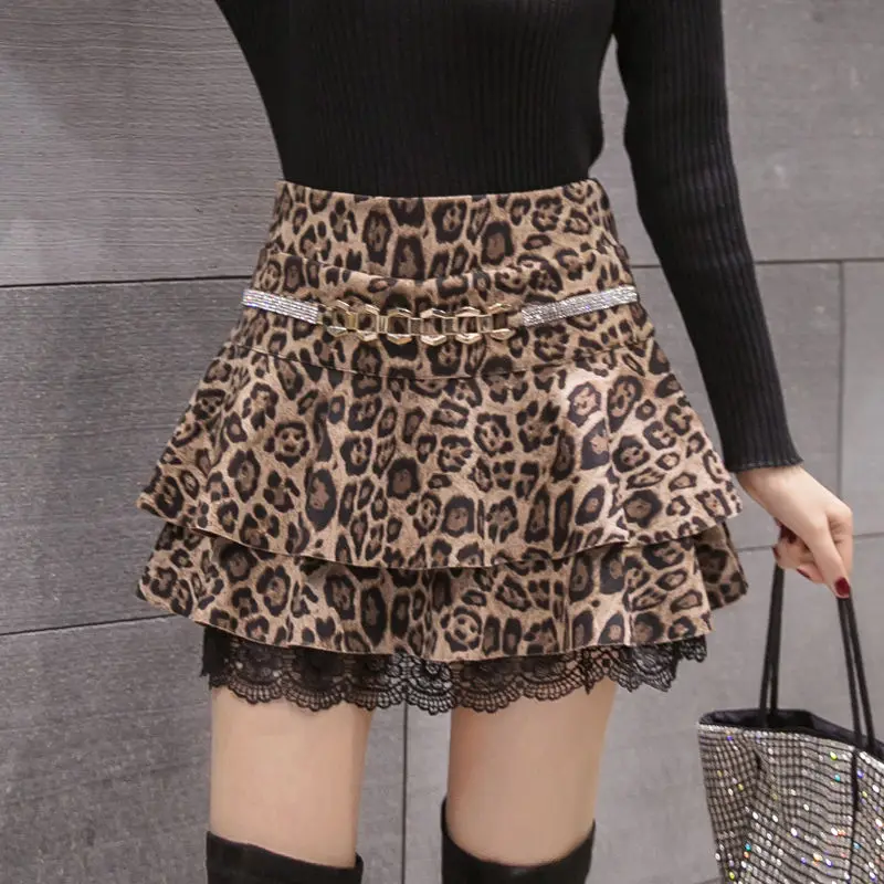 

High Waist Mini Skirt Leopard Print Ruffle Cake Skirts for Women Spring Autumn 2023 Lined Short Saia Female Skirt Faldas Q77