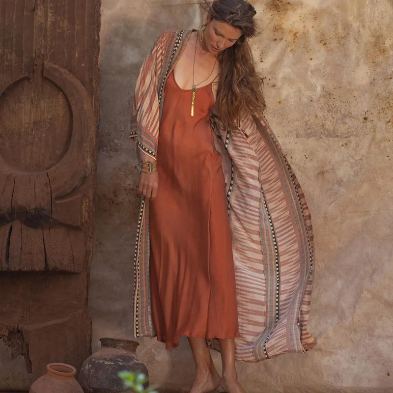 Женский длинный кардиган-кимоно свободного покроя с принтом в богемном стиле