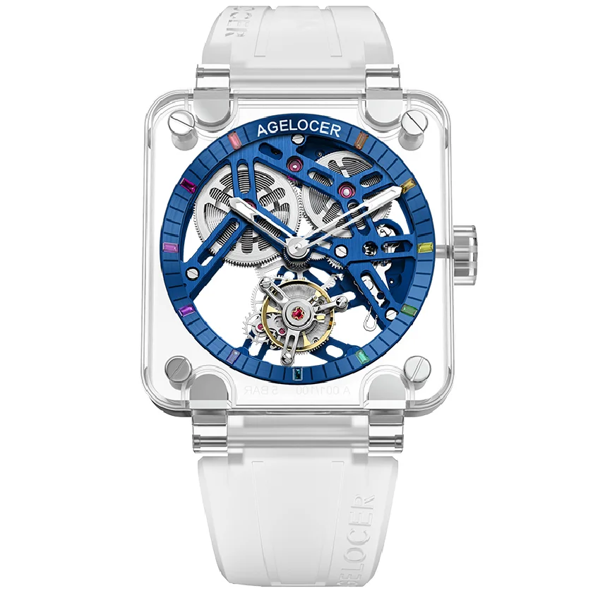 

AGELOCER Original Brand Real Tourbillon Watches Sports Men Blue Skeleton Full Sapphire Gems Case Mechanical Wristwatch
