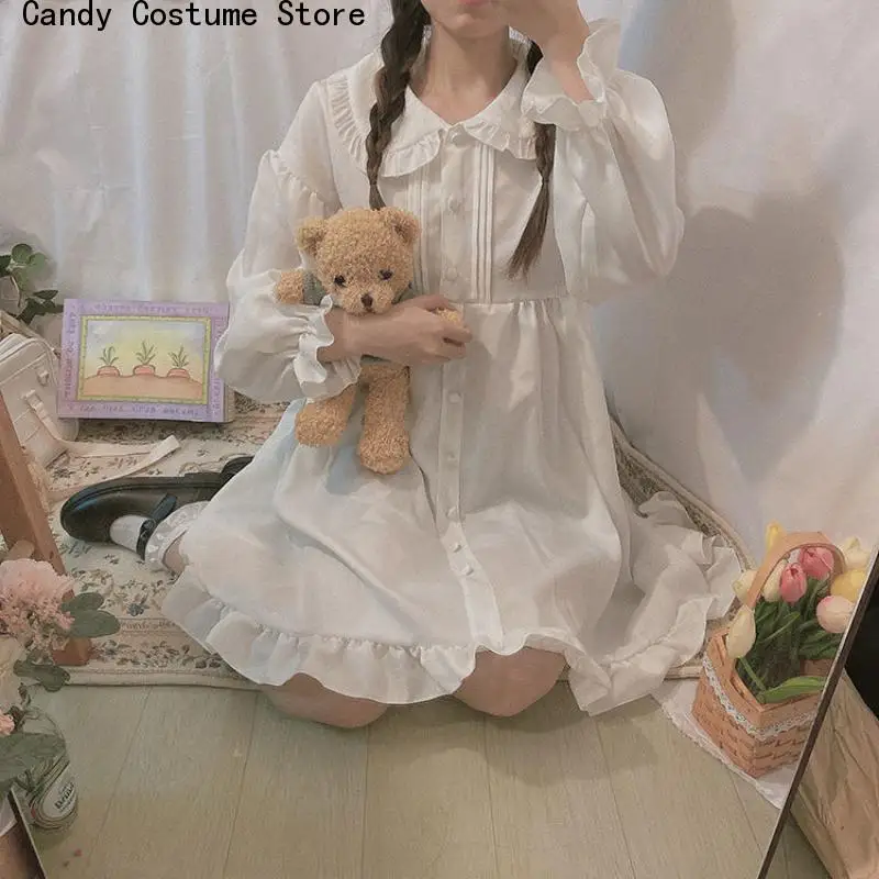 

Lolita White Short Dresses Women Sweet Ruffles Peter Pan Collar Kawaii Dress Preppy Style Spring Autumn Long Sleeve Robe