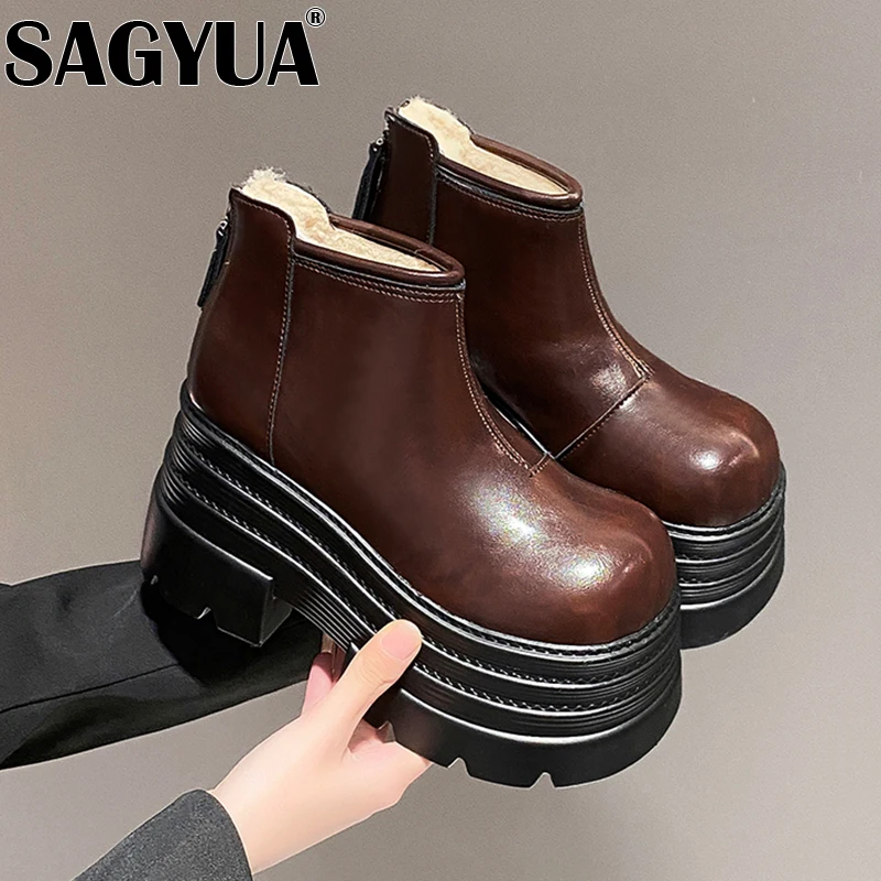 Женские зимние ботильоны на платформе кожаная обувь высоком каблуке новинка