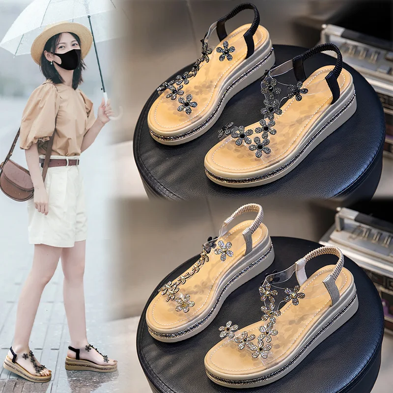 

Rhinestone Flat Sandals Women's Outer Wear 2022 New Women's Shoes Summer All-match Heightening Thick-soled Women's Beach Sandals