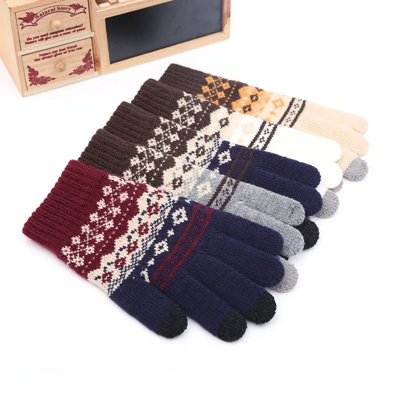 

Fashion Flower Pattern Cashmere Thick Warm Gloves Women Knitted Adult Winter Casual Gloves Touch Screen Fingers Thicking Mittens