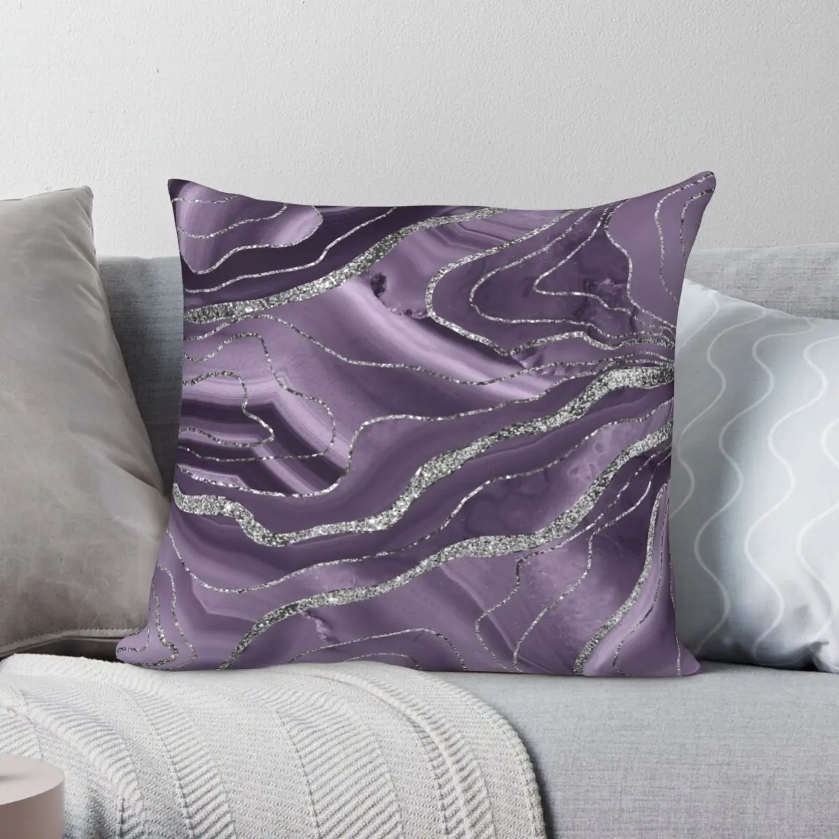 

Lavender Agate Silver Glitter Glam Faux Square Pillowcase Polyester Linen Velvet Creative Zip Decor Car Cushion Cover