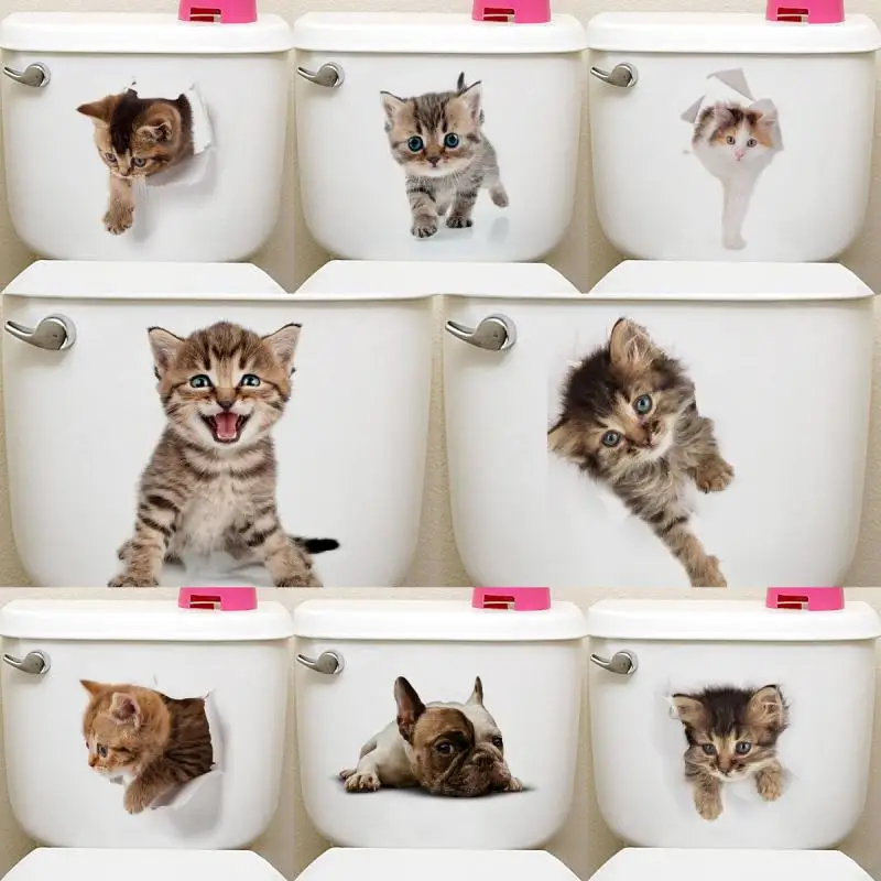 

Vivid 3d Hole Cat Dog Animal Toilet Stickers Home Decoration Diy Wc Washroom Pvc Posters Puppy Kitten Cartoon Wall Art Decals
