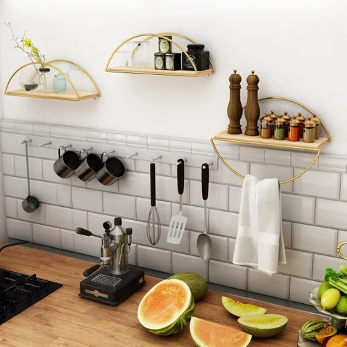 Wall Shelf Bookcase Kitchen Bathroom Gold Color Ellipse 3 Piece Set Luxury Wooden Wall Rack Decorative Wall Rack 17x16x41 cm
