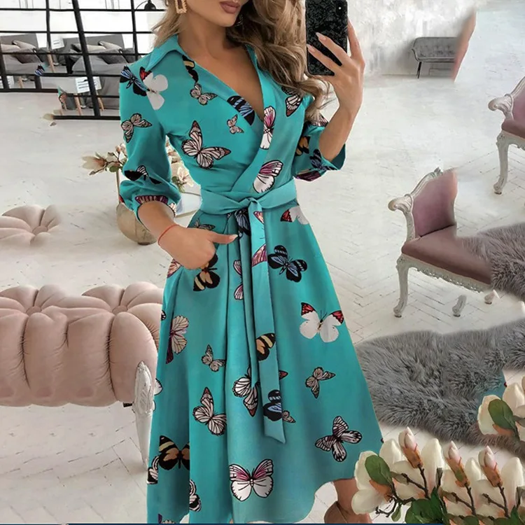 

Sexy Deep V-Neck Color Printing Dress Women Casual Office Lady Short Sleeve Irregular Dresses 2022 Spring and Autumn New
