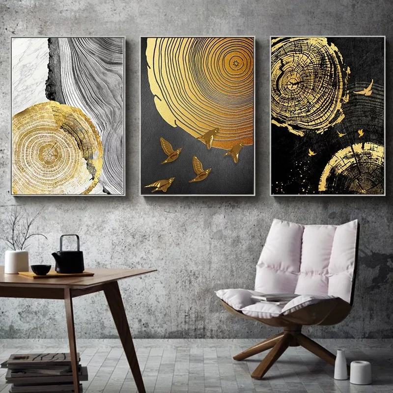 

Abstract Wood Texture Poster Gold Annual Ring Canvas Painting Modern Luxury Mural Decoration Painting for Home Living Room