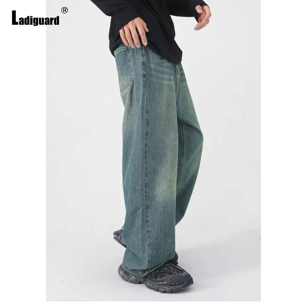 Ladiguard 2023 Kerean Fashion Hip Hop Jeans Loose Demin Pants Vintage Stand Pocket Trouser Mens Casual Straight Leg Jean Pants