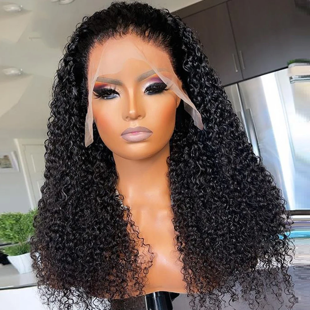 

Soft Kinky Curly 180%Density 26Inch Natural Black Free Part Glueless Lace Front Wig For Black Women With Baby Hair Pre Plucked