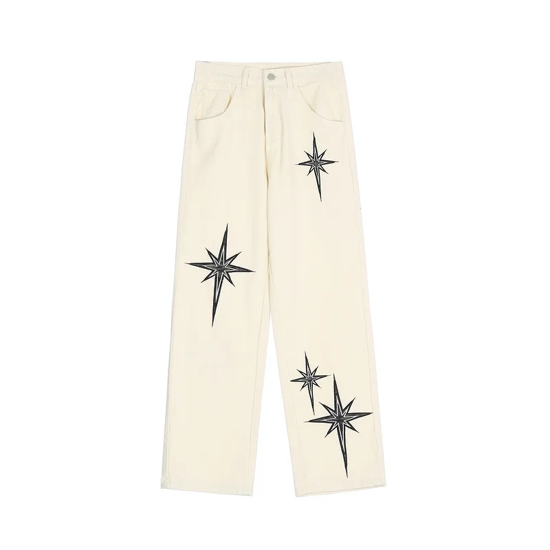 

2022 Harajuku Causal High Waist Trousers Black Mens Jeans Pants Streetwear Hip Hop Vintage Embroidered Star Baggy Denim Pants