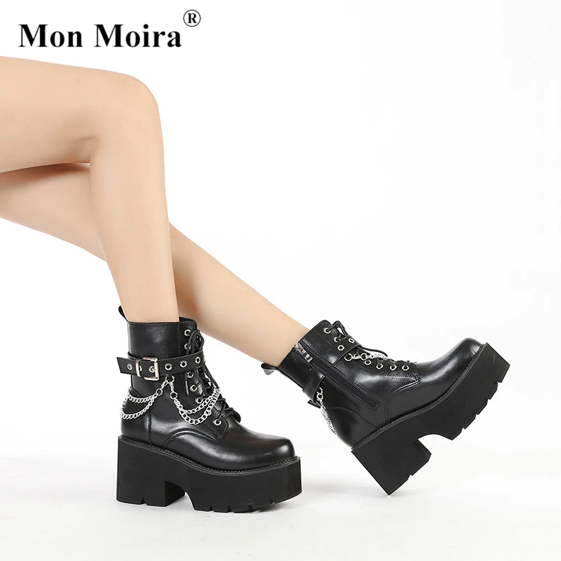 MONMOIRA Chunky Platform Metal Chain Goth Ankle Boots Women 2022 Autumn Zipper Buckle Round Toe Thick Heel Ladies Shoes