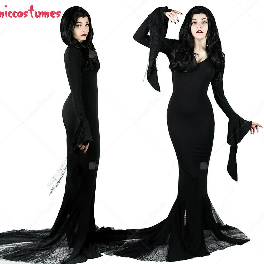 Women's Gothic Ghost Vampire Dress Morticia Addams Cosplay Costume for Women Halloween Cosplay Costume