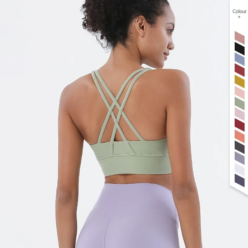 

Top Women's Lingerie Gym Sports Bra Trimmed Curved Straps Cross Back Fitness Tops High Support Yoga Activewear Free Shipping