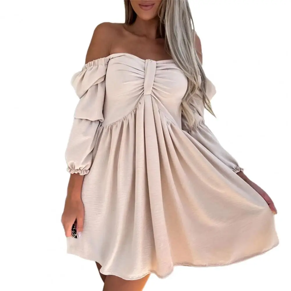 

2022 Mini Dress Women Summer Shirring Puff Sleeve High Waist Solid Color Off Shoulder Lady Formal Dress Female Clothes