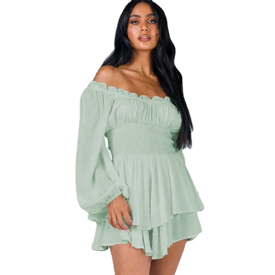 

Summer of Shoudler Women's Pleated Dress Puff Long Sleeve Casual Ruffle Jumpsuit French Shorts Streetwear Women