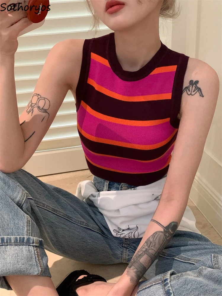 

Tanks Women Striped Retro Design Personality Slim Sexy Summer Panelled Korean Style Leisure Stylish All-match Knitwear Hot Girls