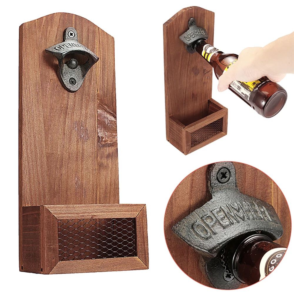 Vintage Wooden Wall Mounted Bottle Opener Creativity Beer Gl