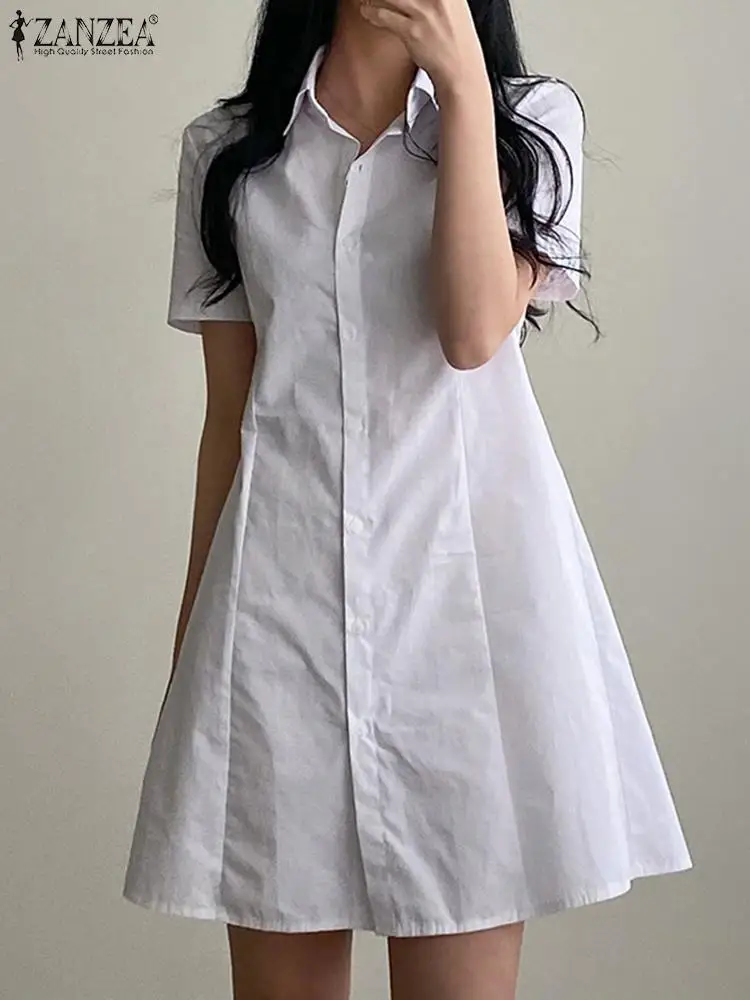 

Мини-платье ZANZEA женское с коротким рукавом, повседневный элегантный сарафан-трапеция с одной грудью, модная рубашка с воротником с лацканам...