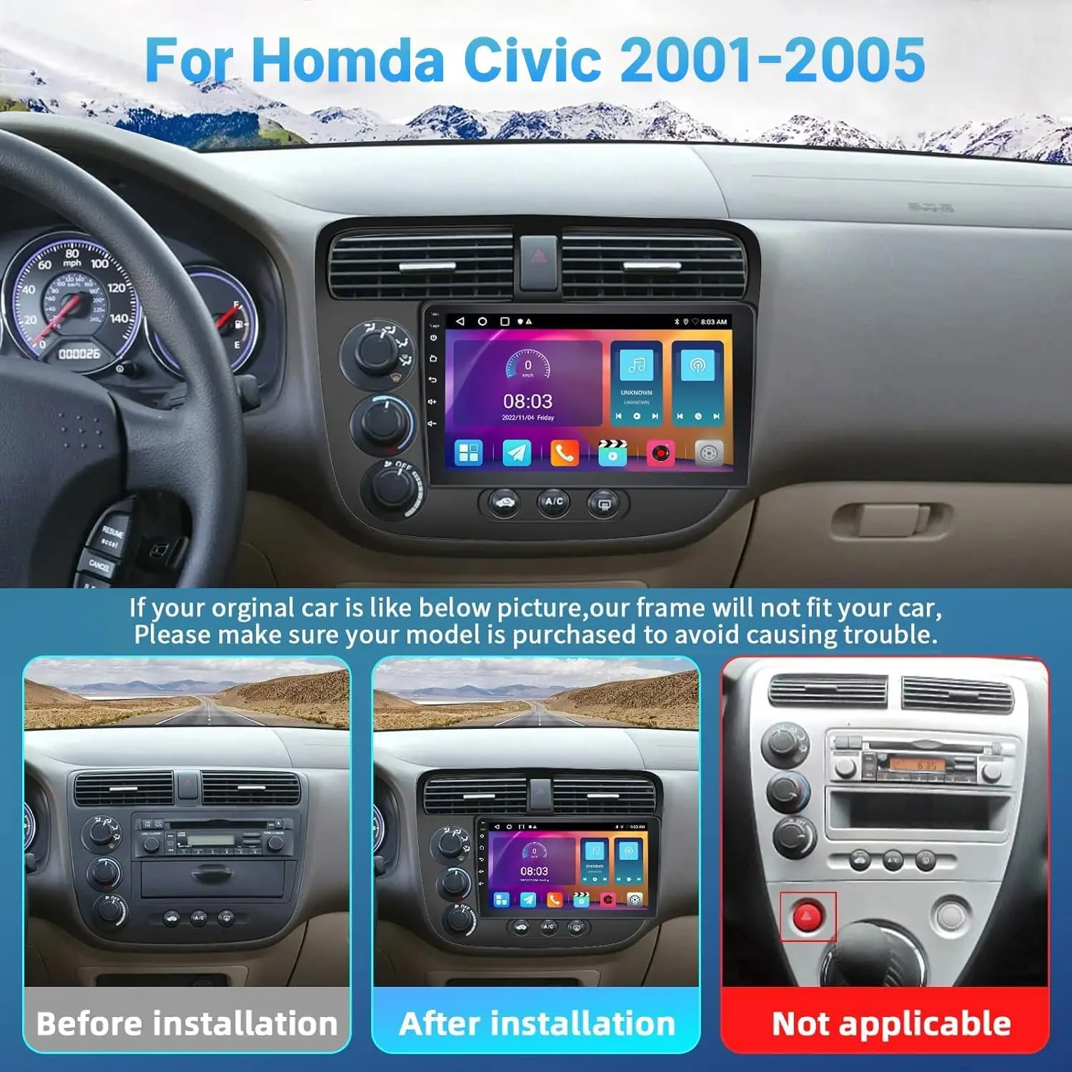 9-дюймовый Беспроводной CarPlay Android Auto GPS-навигатор Радио Для Honda Civic 2001-2005 С Задней