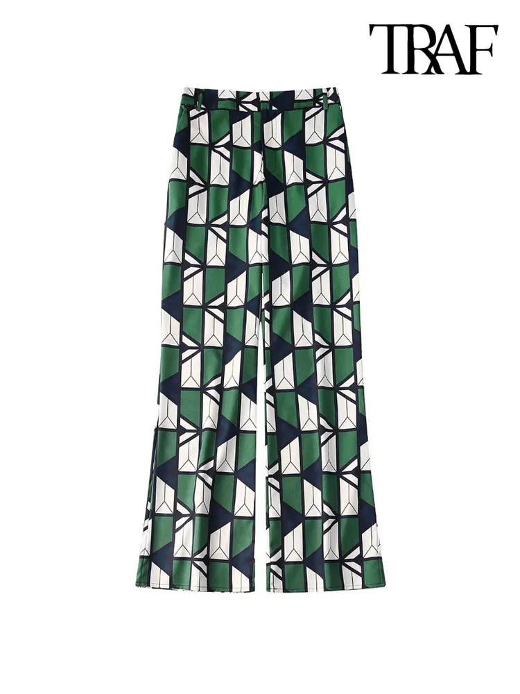 

TRAF Women Fashion With Side Pockets Printed Flared Pants Vintage High Waist Zipper Fly Female Trousers Mujer